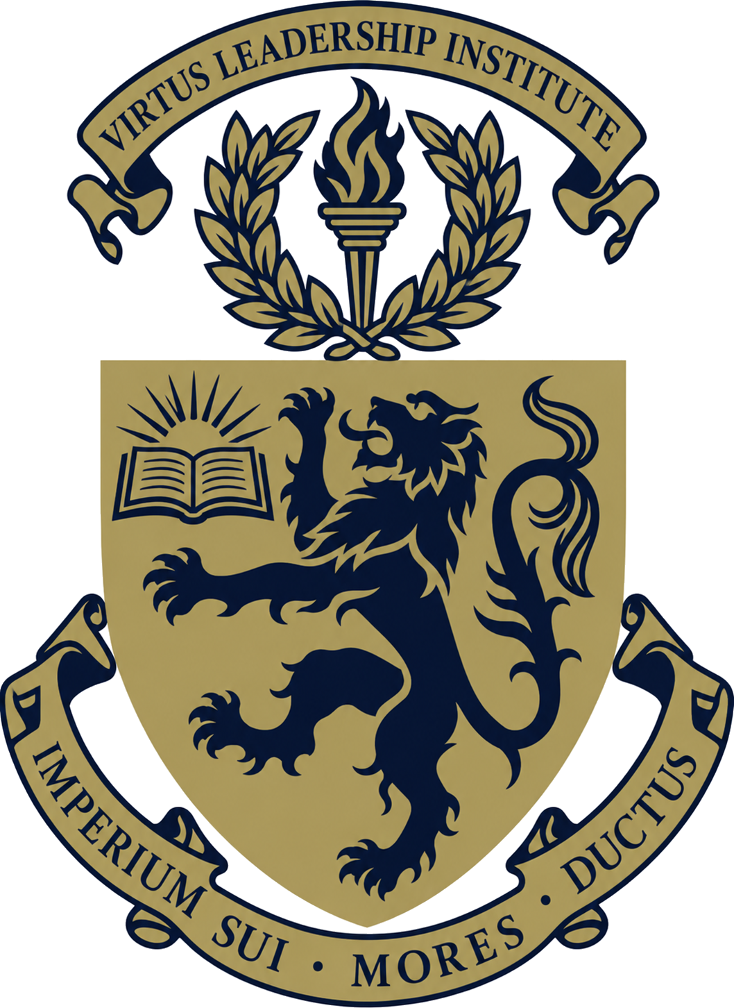 Virtus Leadership Institute crest — a torch within a laurel wreath above a shield bearing a lion rampant and a radiant book, on a scroll reading Imperium Sui, Mores, Ductus